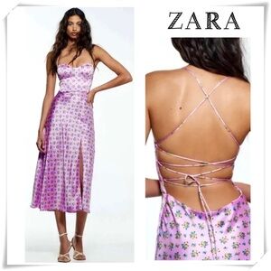 ZARA Floral Print Lace up Black Silky Satin Fitted Midi Dress in Pink Size S New